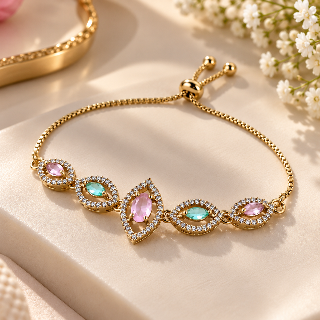 Women’s Gold-Tone Multicolor Gemstone Adjustable Bracelet with Pink and Aqua Blue Stones, Sparkling Crystal Embellished Designer Chain Bracelet for Party Wear, Wedding, Festive Occasions & Gifting