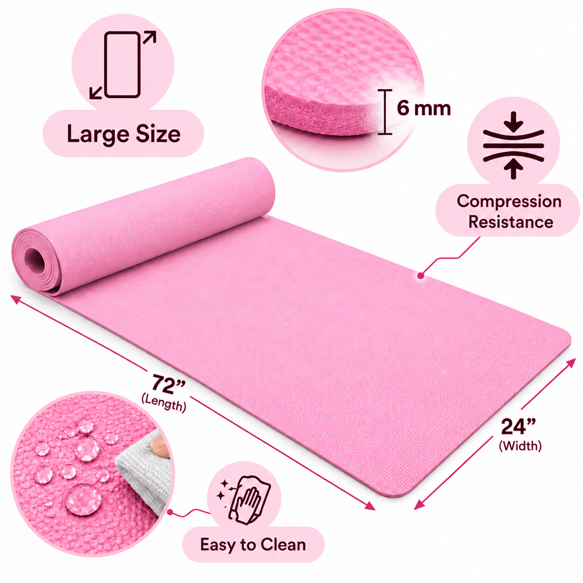 Pink Yoga Mat 6mm Thick, 72 x 24 Inch Large Non-Slip Exercise Mat for Men & Women | Cushioned Water-Resistant Fitness Mat for Yoga, Pilates, Stretching, Workout & Home Gym