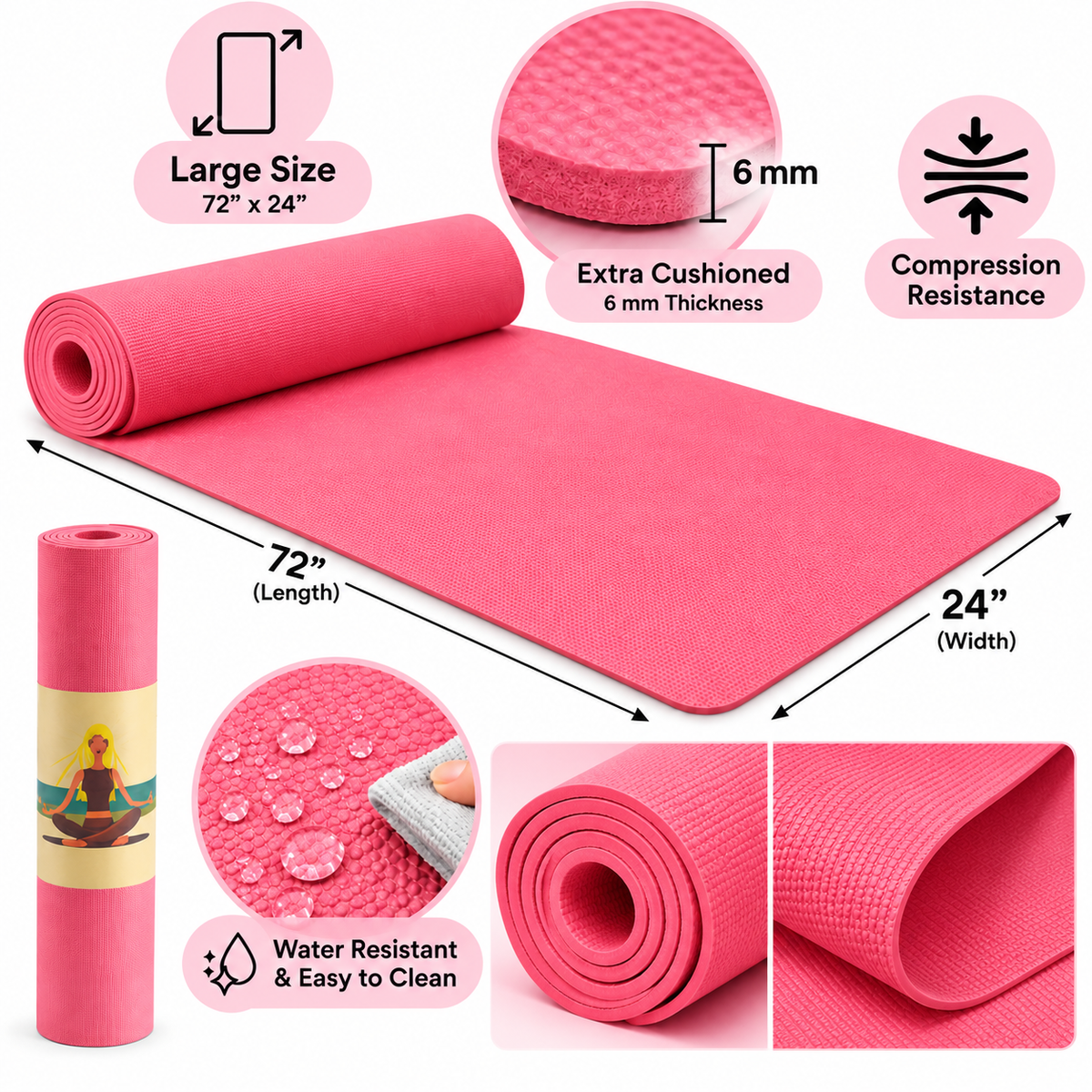 Coral Pink Yoga Mat 6mm Thick, 72 x 24 Inch Large Non-Slip Exercise Mat for Men & Women | Cushioned Water-Resistant Fitness Mat for Yoga, Pilates, Stretching, Workout & Home Gym