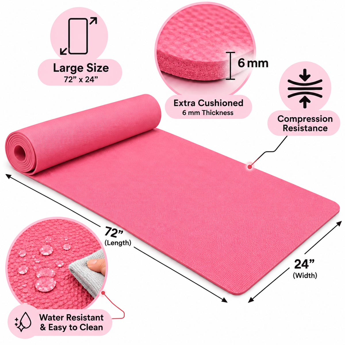 Coral Pink Yoga Mat 6mm Thick, 72 x 24 Inch Large Non-Slip Exercise Mat for Men & Women | Cushioned Water-Resistant Fitness Mat for Yoga, Pilates, Stretching, Workout & Home Gym