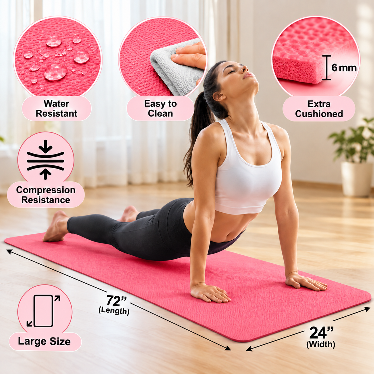 Coral Pink Yoga Mat 6mm Thick, 72 x 24 Inch Large Non-Slip Exercise Mat for Men & Women | Cushioned Water-Resistant Fitness Mat for Yoga, Pilates, Stretching, Workout & Home Gym