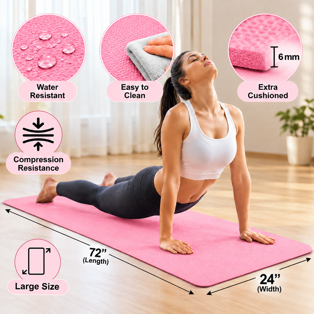 Pink Yoga Mat 6mm Thick, 72 x 24 Inch Large Non-Slip Exercise Mat for Men & Women | Cushioned Water-Resistant Fitness Mat for Yoga, Pilates, Stretching, Workout & Home Gym