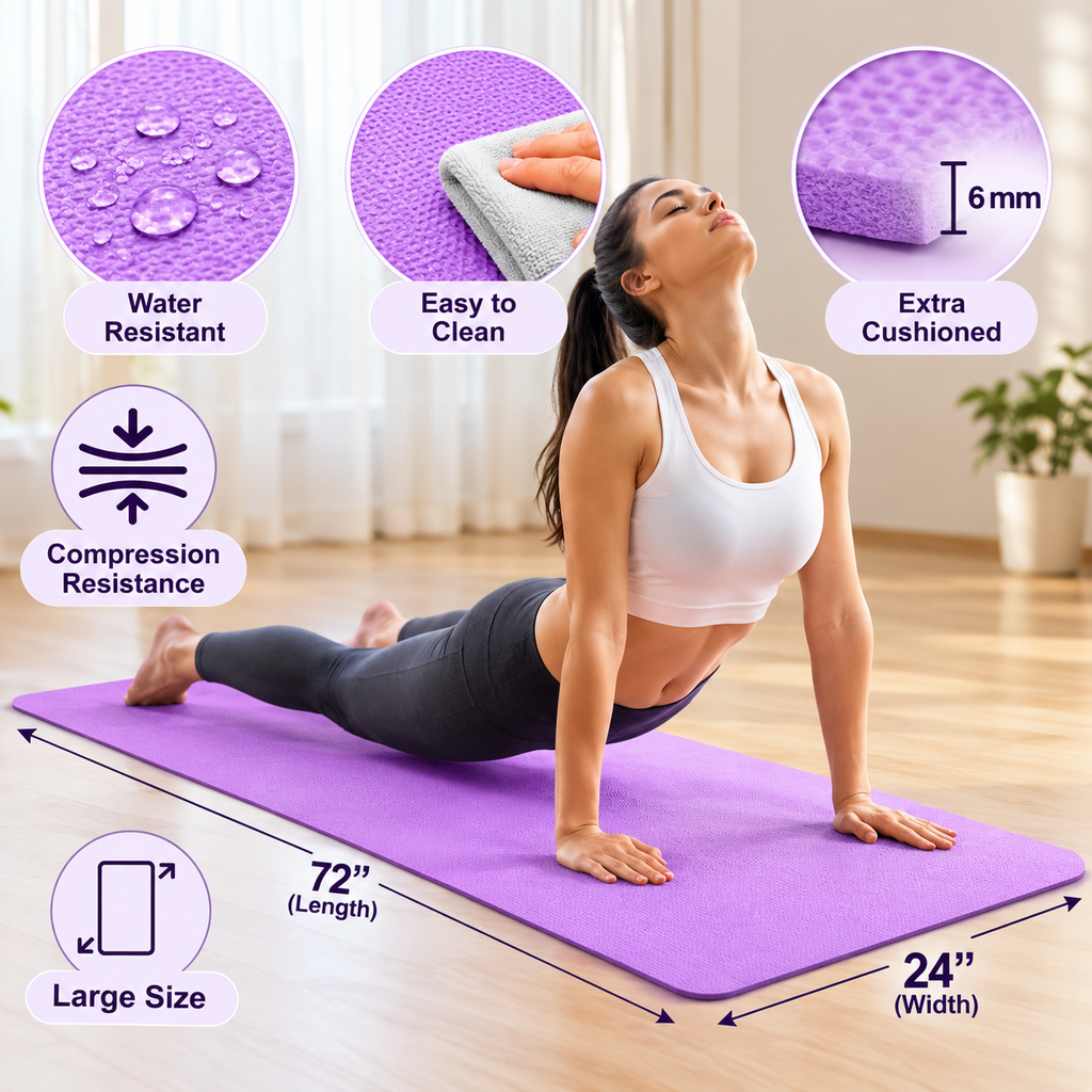 Lavender Yoga Mat 6mm Thick, 72 x 24 Inch Large Non-Slip Exercise Mat for Men & Women | Cushioned Water-Resistant Fitness Mat for Yoga, Pilates, Stretching, Workout & Home Gym
