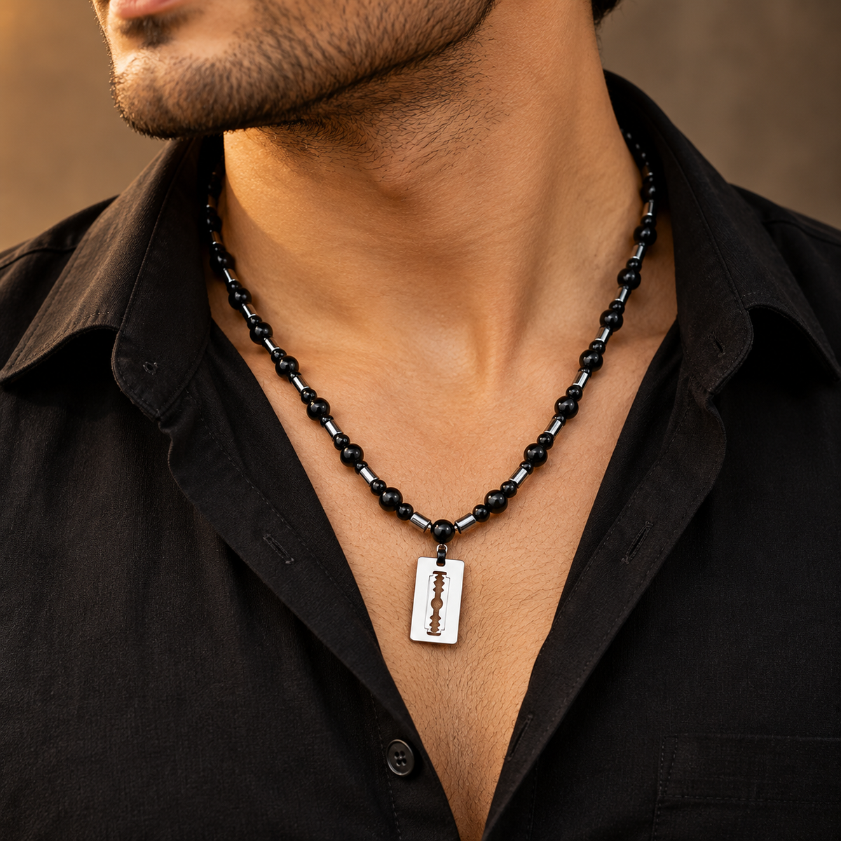 Stainless Steel Black Beaded Necklace and Bracelet Set for Men, 30 cm Necklace Length, 8 mm Beads, Silver Blade Shape Pendant | Stylish Gothic Fashion Jewellery Set for Party Wear & Gifting