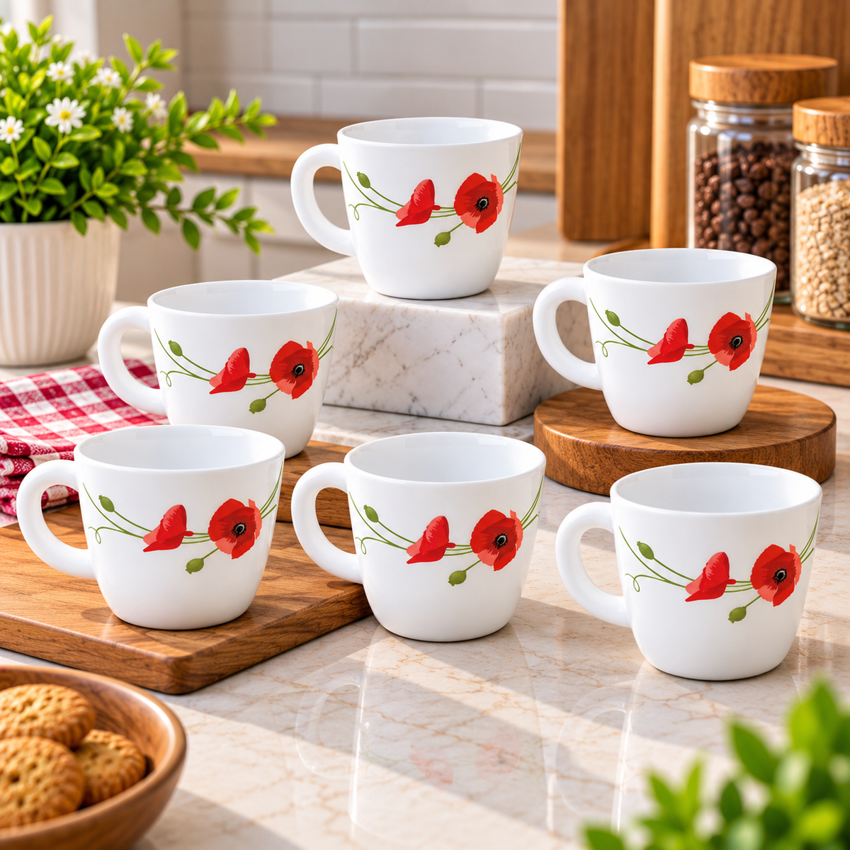LARAH Red Carnation Cup Set of 6, 100ML Each | Elegant Red Floral Printed Tea Cups | Stylish Cups for Tea, Coffee, Milk & Beverages | Premium Kitchen and Dining Crockery