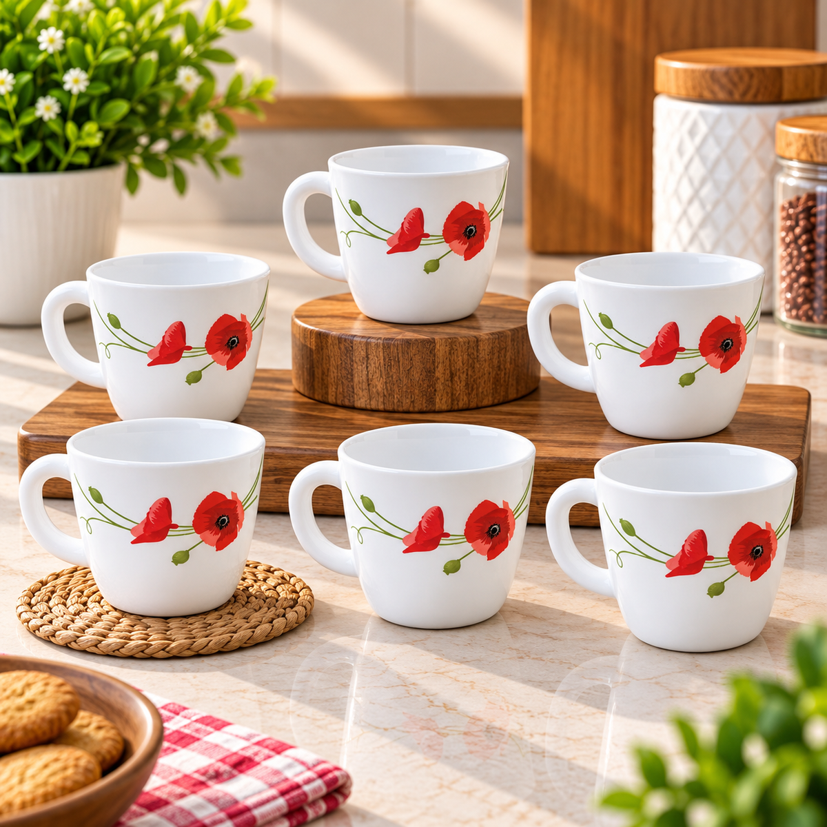LARAH Red Carnation Cup Set of 6, 100ML Each | Elegant Red Floral Printed Tea Cups | Stylish Cups for Tea, Coffee, Milk & Beverages | Premium Kitchen and Dining Crockery