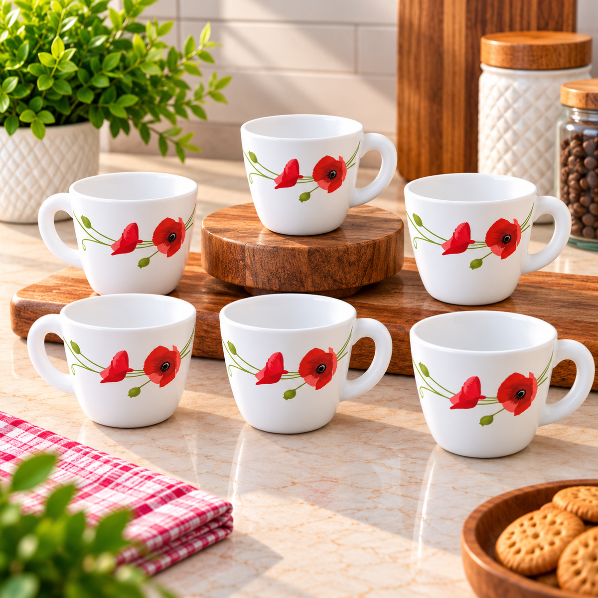 LARAH Red Carnation Cup Set of 6, 100ML Each | Elegant Red Floral Printed Tea Cups | Stylish Cups for Tea, Coffee, Milk & Beverages | Premium Kitchen and Dining Crockery