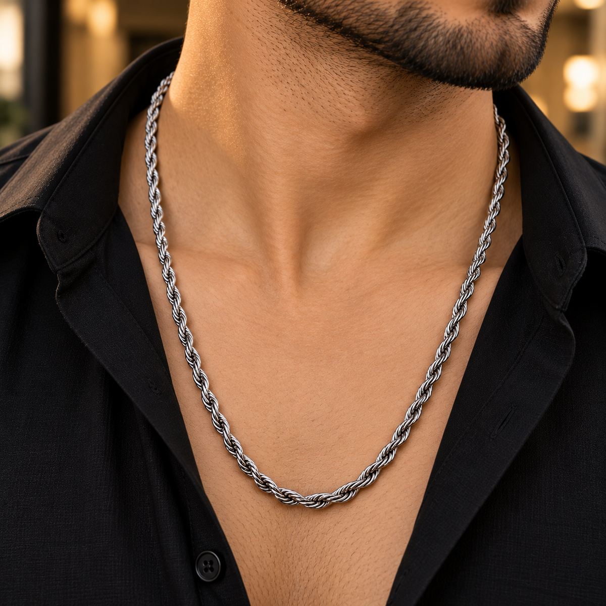 Stainless Steel Silver Rope Chain Necklace for Men, 54 cm Length, 6 mm Width | Twisted Rope Design, Stylish Silver-Tone Fashion Jewellery for Party Wear, Casual Wear & Gifting