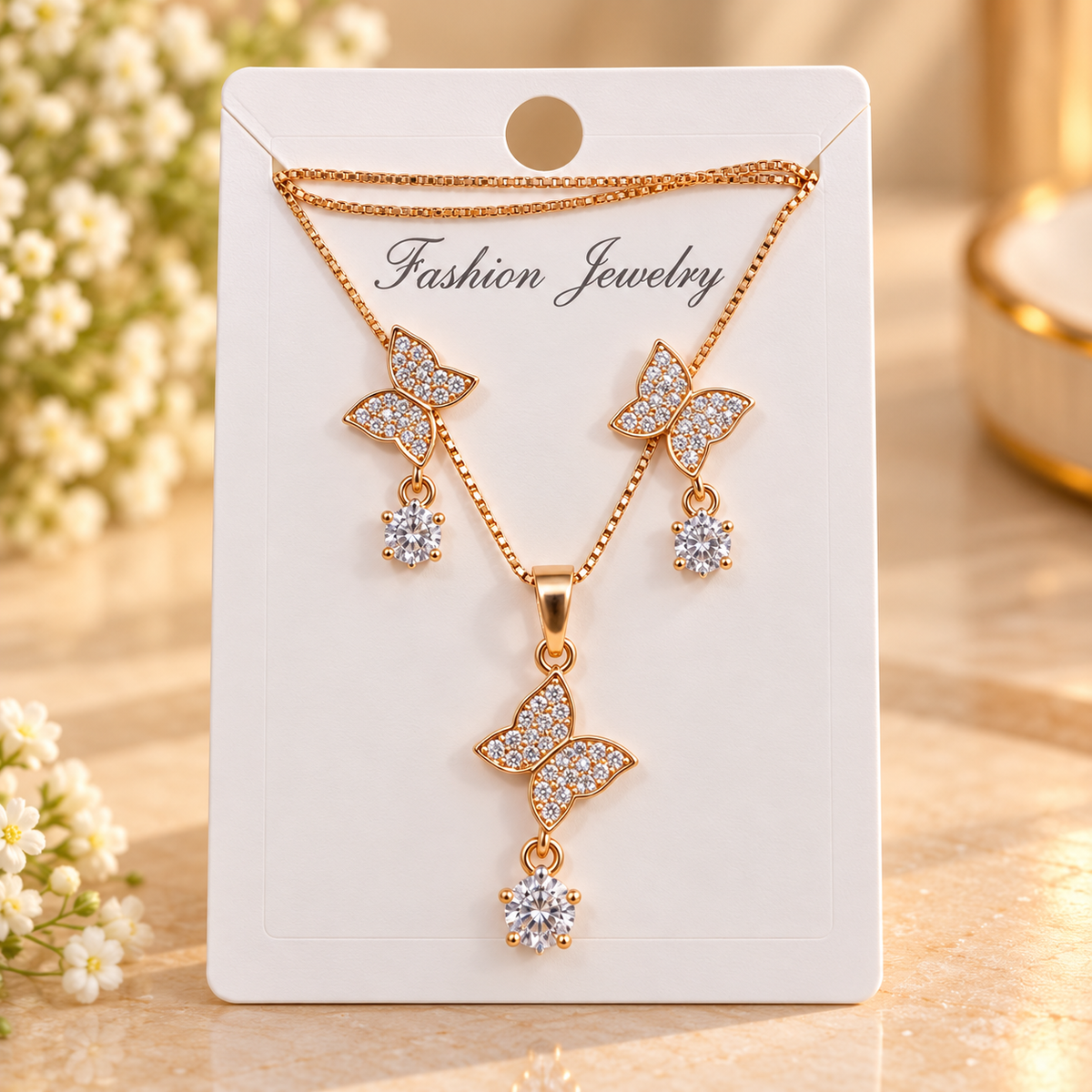 Gold Plated Butterfly Pendant Necklace and Earrings Set for Women & Girls | Elegant CZ Stone Fashion Jewellery Set for Party, Wedding, Festive Wear & Gifting