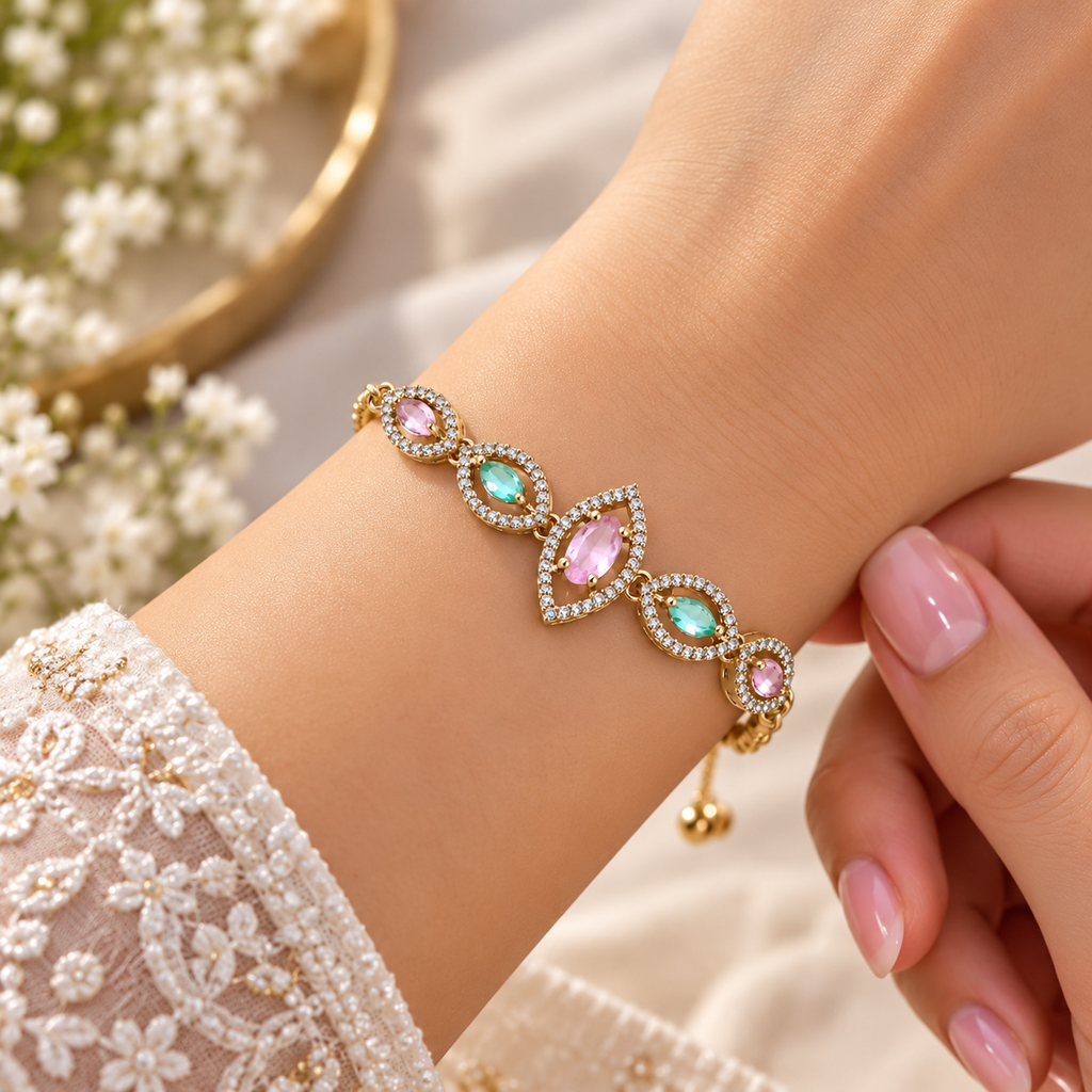 Women’s Gold-Tone Multicolor Gemstone Adjustable Bracelet with Pink and Aqua Blue Stones, Sparkling Crystal Embellished Designer Chain Bracelet for Party Wear, Wedding, Festive Occasions & Gifting