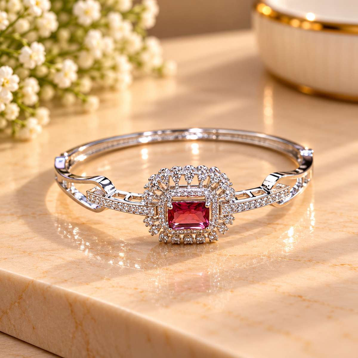Women’s Silver-Tone Ruby Red Stone Designer Bangle Bracelet with Sparkling Crystal Halo Embellishments, Elegant Fashion Jewellery for Party, Wedding & Festive Wear