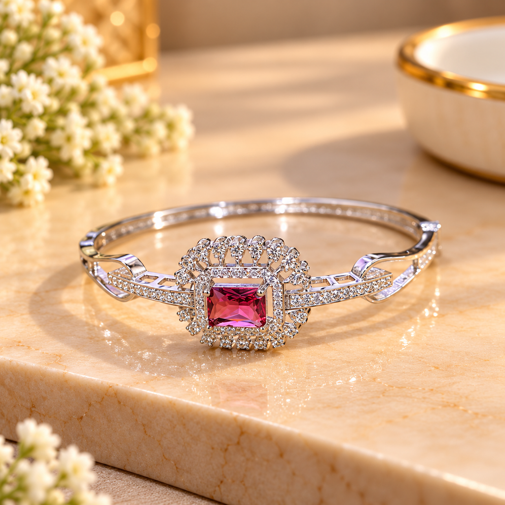 Women’s Silver-Tone Ruby Red Stone Designer Bangle Bracelet with Sparkling Crystal Halo Embellishments, Elegant Fashion Jewellery for Party, Wedding & Festive Wear