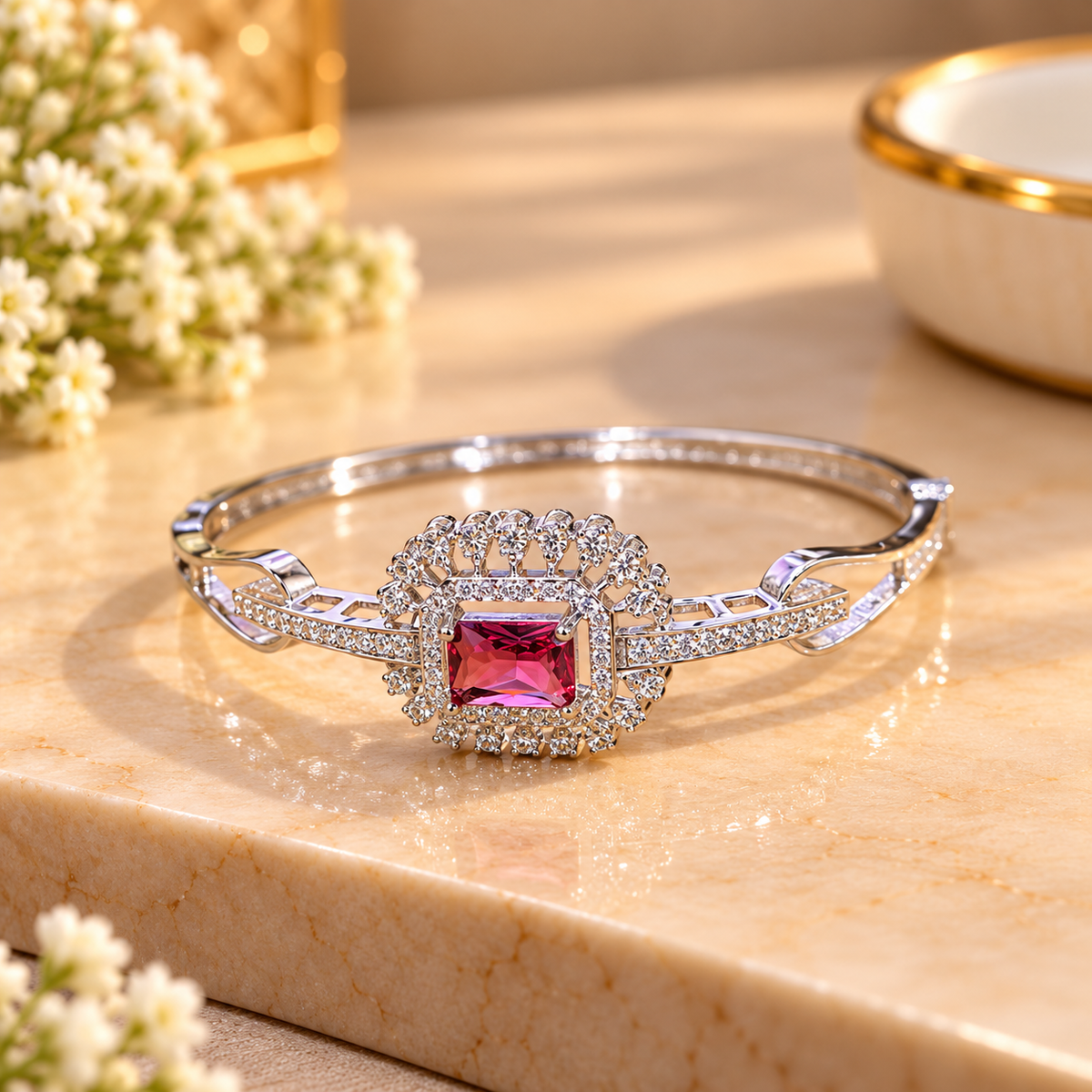 Women’s Silver-Tone Ruby Red Stone Designer Bangle Bracelet with Sparkling Crystal Halo Embellishments, Elegant Fashion Jewellery for Party, Wedding & Festive Wear