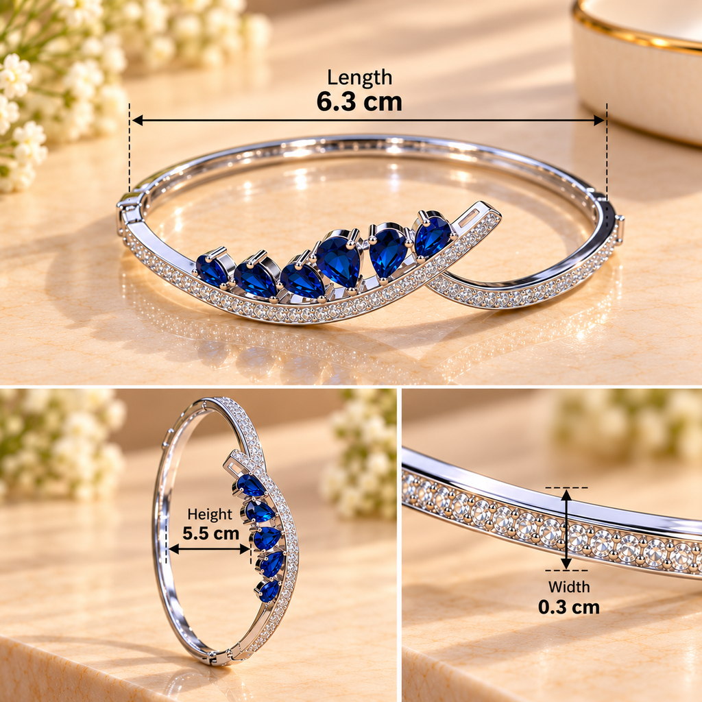 Silver-Tone Blue Sapphire Crystal Bangle Bracelet for Women & Girls | Elegant Rhinestone Kada for Party Wear, Wedding, Festive Occasions & Daily Styling | Length 6.3 cm, Height 5.5 cm