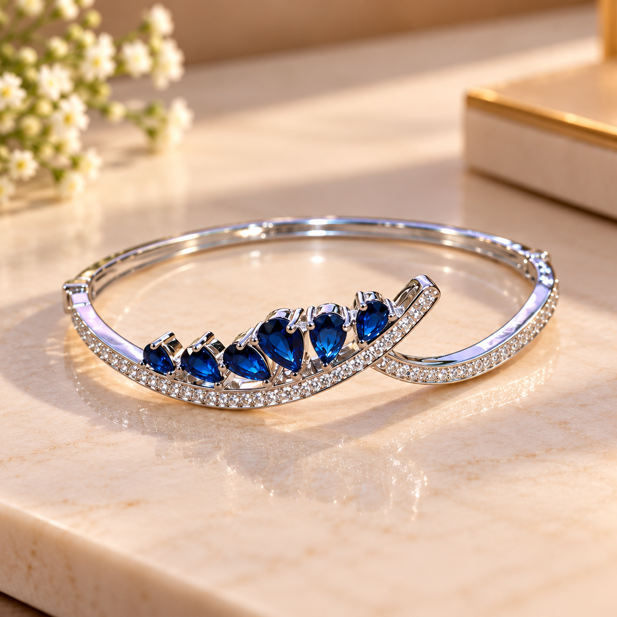 Silver-Tone Blue Sapphire Crystal Bangle Bracelet for Women & Girls | Elegant Rhinestone Kada for Party Wear, Wedding, Festive Occasions & Daily Styling | Length 6.3 cm, Height 5.5 cm