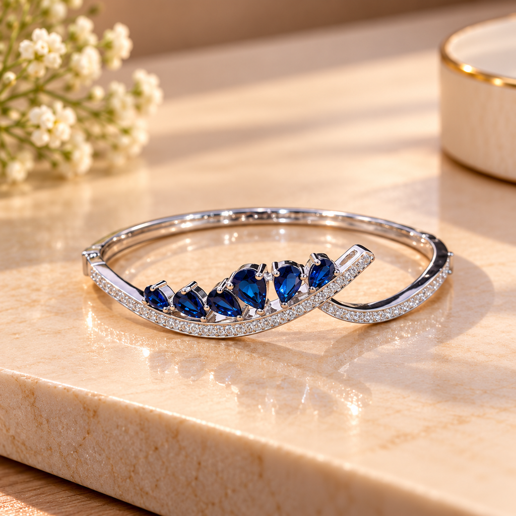 Silver-Tone Blue Sapphire Crystal Bangle Bracelet for Women & Girls | Elegant Rhinestone Kada for Party Wear, Wedding, Festive Occasions & Daily Styling | Length 6.3 cm, Height 5.5 cm