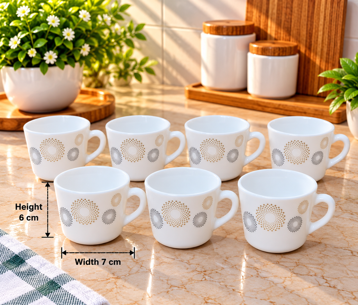 Cello Prince Crazy Dots Cup Set of 6, 130 ML Each | Stylish White Tea Cups with Golden and Grey Dot Pattern | Coffee, Tea & Milk Cups for Home, Kitchen, Office & Gifting