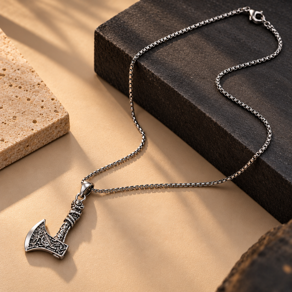 Stainless Steel Silver Axe Pendant Necklace for Men, 62 cm Long, 2 mm Chain Width | Antique Viking Style Hatchet Pendant, Gothic Fashion Jewellery for Party Wear, Casual Wear & Gifting