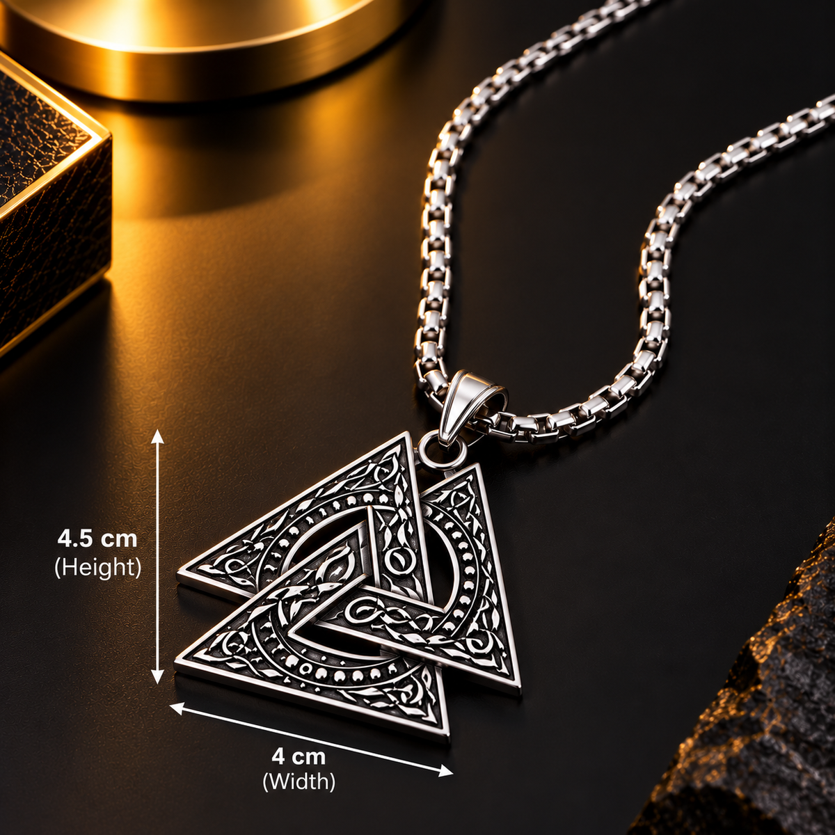 Stainless Steel Celtic Triangle Pendant Necklace for Men, Silver Tone Geometric Designer Chain with Intricate Engraved Pendant, 62 cm Length, 2 mm Chain Width, Stylish Fashion Jewellery