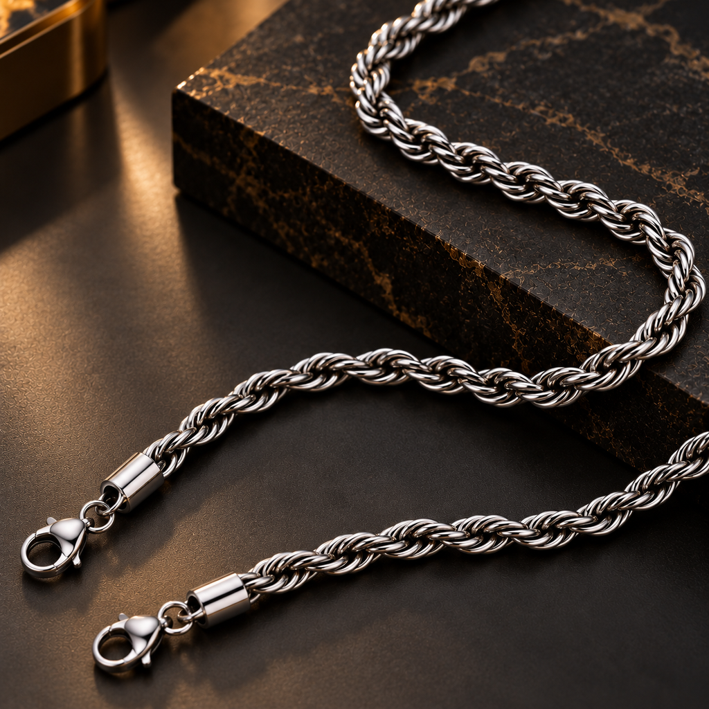 Stainless Steel Silver Rope Chain Necklace for Men, 54 cm Length, 6 mm Width | Twisted Rope Design, Stylish Silver-Tone Fashion Jewellery for Party Wear, Casual Wear & Gifting