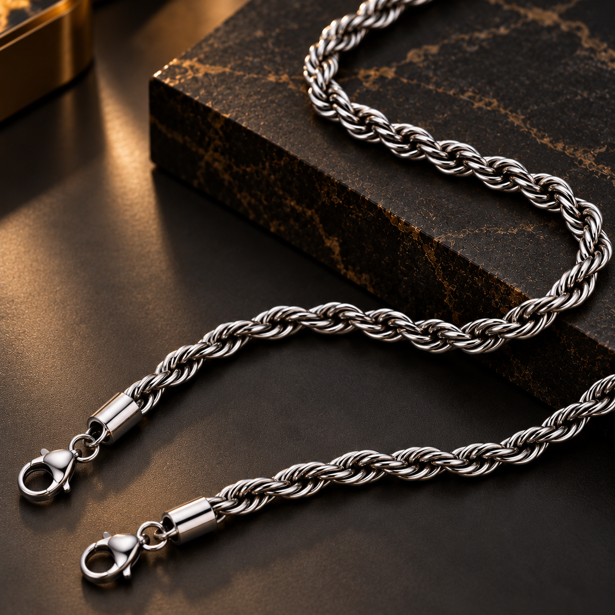 Stainless Steel Silver Rope Chain Necklace for Men, 54 cm Length, 6 mm Width | Twisted Rope Design, Stylish Silver-Tone Fashion Jewellery for Party Wear, Casual Wear & Gifting