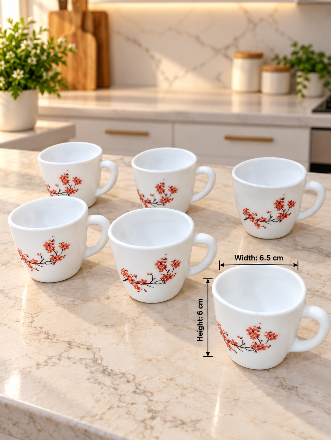 Cello Ricca Cherry Blossom Cup Set of 6, 100 ML Each | White Tea Cups with Red Cherry Blossom Floral Print | Stylish Cups for Tea, Coffee & Milk | Elegant Kitchen Drinkware Set