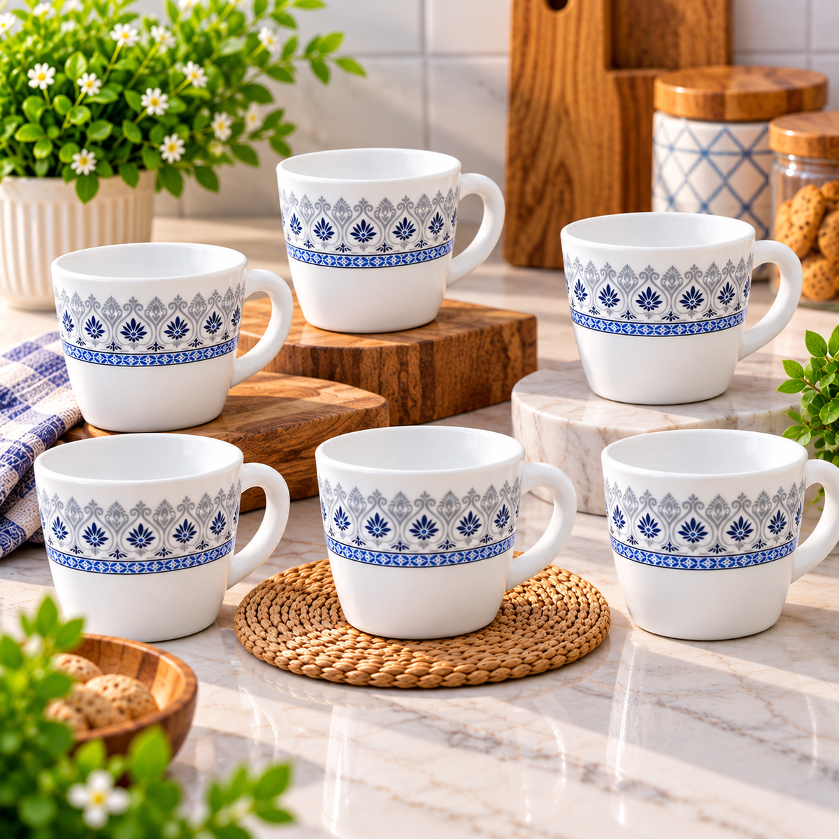 Larah Ocean Cup Set of 6, 100ml Each | Elegant Blue and Grey Floral Printed Tea Cups | Premium Small Cups for Tea, Coffee, Espresso, Milk & Serving | Stylish Cup Set for Home and Kitchen