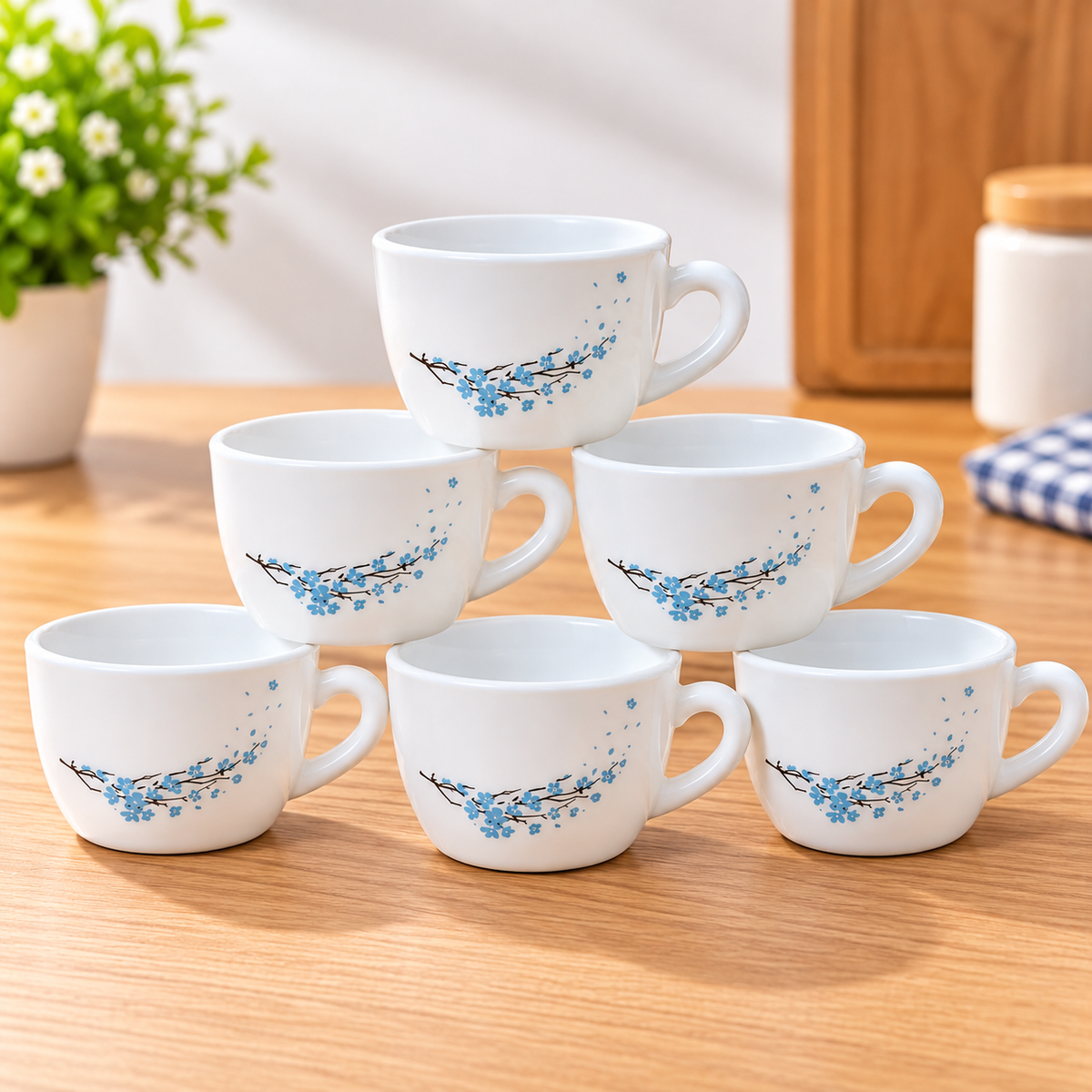 Cello Queen Cup Blossom 130 ML, Pack of 6 | Elegant Blue Floral Printed Tea Cups | Premium White Cups for Tea, Coffee, Milk & Daily Use | Stylish Drinkware for Home, Office & Gifting