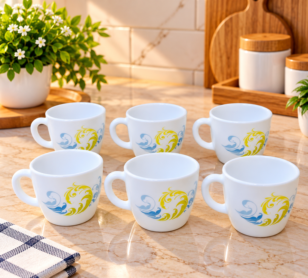 Cello Ricca Cool Waves Cups 100 ML, Pack of 6 | White Tea and Coffee Cups with Blue and Yellow Swirl Design | Small Beverage Cups for Home, Office, Kitchen and Daily Use
