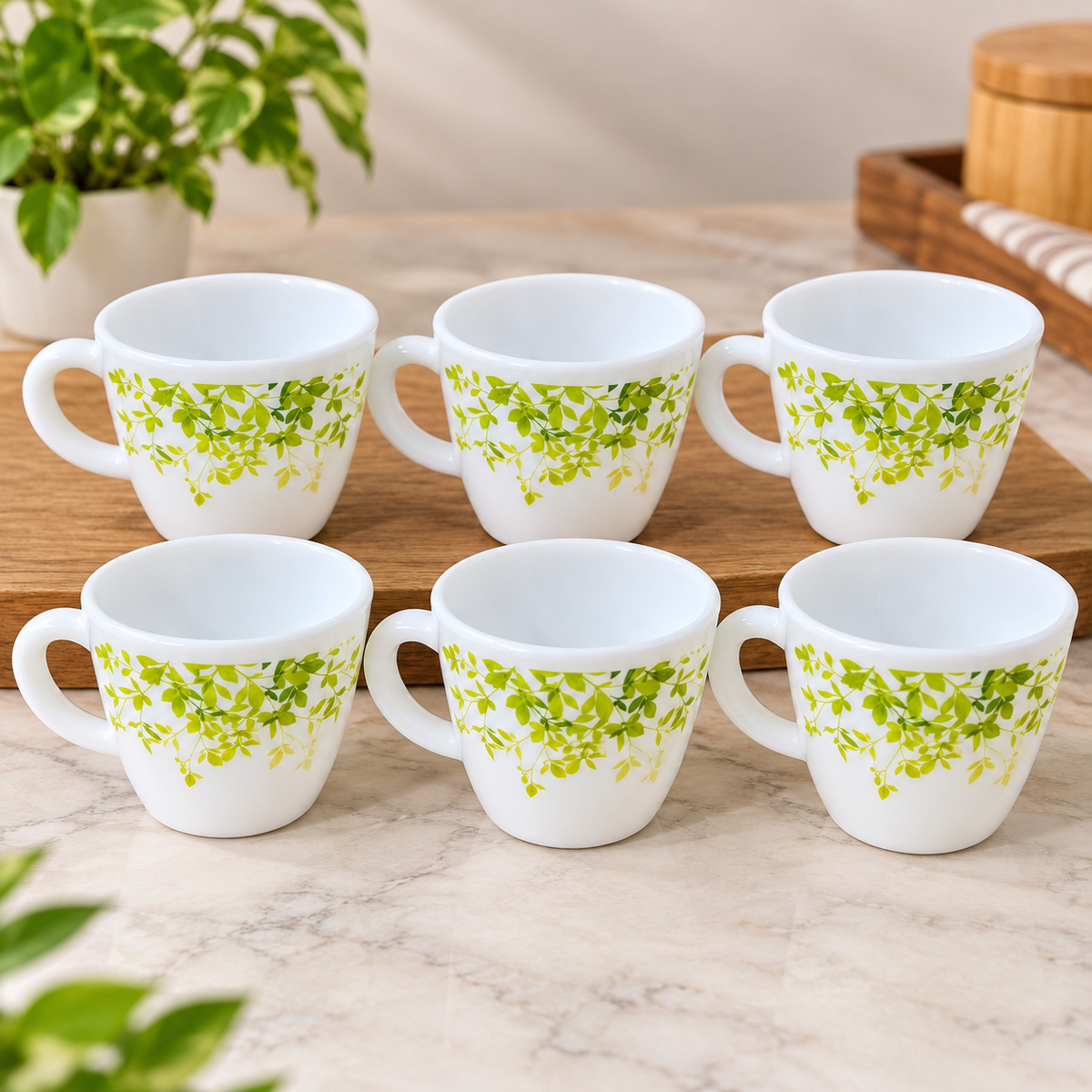 Cello Ricca Green Orchard Cup Set, 100 ML, Pack of 6 | White Printed Tea Cups with Green Leaf Design | Stylish Cups for Tea, Coffee, Milk & Daily Use