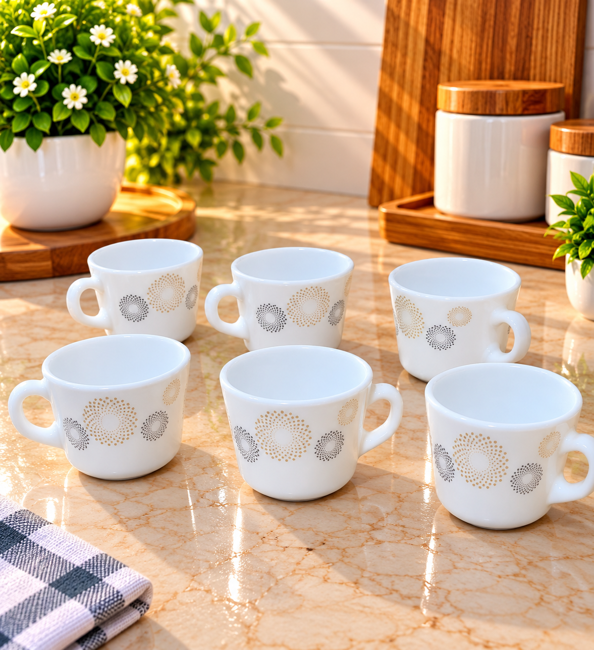 Cello Prince Crazy Dots Cup Set of 6, 130 ML Each | Stylish White Tea Cups with Golden and Grey Dot Pattern | Coffee, Tea & Milk Cups for Home, Kitchen, Office & Gifting