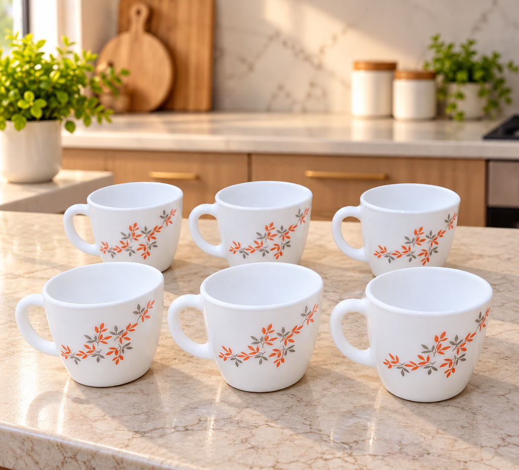 Cello Ricca Twilight Ceramic Cups 100 ML, Pack of 6 | White Tea and Coffee Cups with Elegant Orange & Grey Leaf Design | Small Cups for Tea, Espresso, Milk, Home, Office and Daily Use