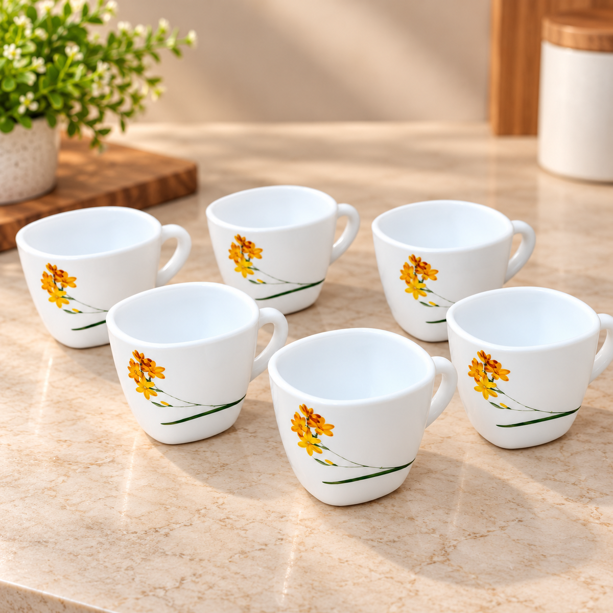 Cello Vogue Zinnia Cup Set of 6, 100 ML Each | White Floral Tea Cups with Yellow Flower Design | Stylish Cups for Tea, Coffee, Milk & Daily Use | Elegant Drinkware Set