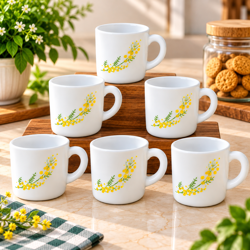 Cello Stella Girasol Cup Set of 6, 100 ML Each | White Floral Printed Tea and Coffee Cups | Yellow Flower Design Small Beverage Cups for Home, Office, Espresso, Green Tea and Gifting