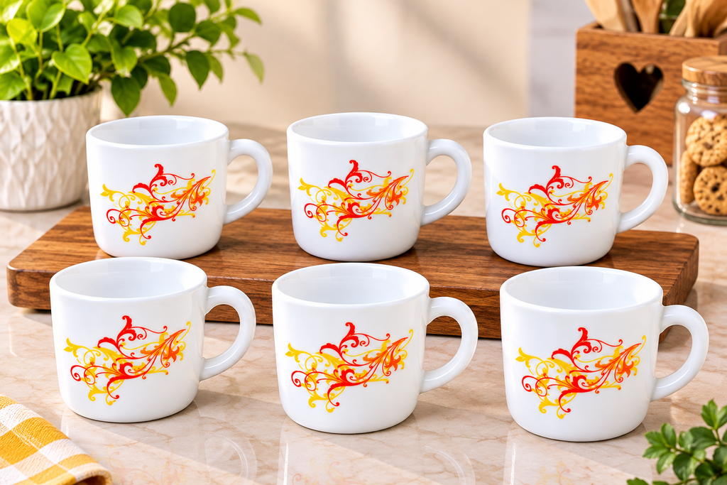 Cello Stella Yellow Scroll Cup Set of 6, 100 ML Each | White Printed Tea Cups with Elegant Red and Yellow Scroll Design | Small Cups for Tea, Coffee, Milk and Beverage Serving