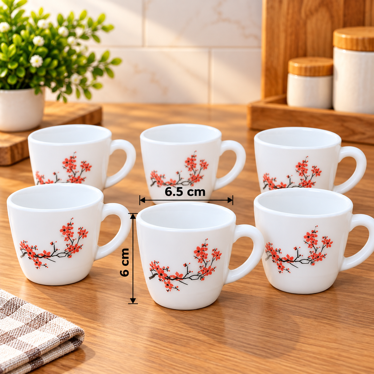 Cello Ricca Cherry Blossom Cup Set of 6, 100 ML Each | White Tea Cups with Red Cherry Blossom Floral Print | Stylish Cups for Tea, Coffee & Milk | Elegant Kitchen Drinkware Set