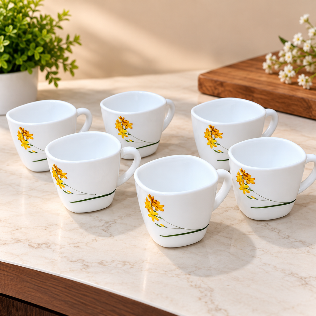 Cello Vogue Zinnia Cup Set of 6, 100 ML Each | White Floral Tea Cups with Yellow Flower Design | Stylish Cups for Tea, Coffee, Milk & Daily Use | Elegant Drinkware Set