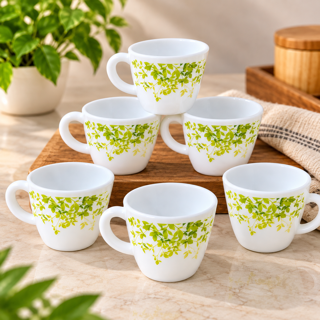 Cello Ricca Green Orchard Cup Set, 100 ML, Pack of 6 | White Printed Tea Cups with Green Leaf Design | Stylish Cups for Tea, Coffee, Milk & Daily Use