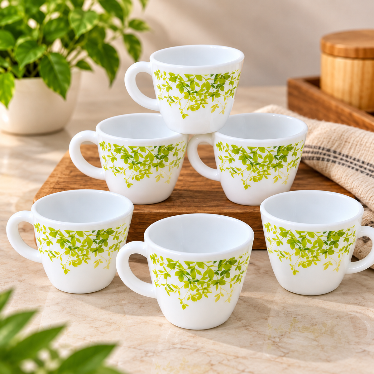 Cello Ricca Green Orchard Cup Set, 100 ML, Pack of 6 | White Printed Tea Cups with Green Leaf Design | Stylish Cups for Tea, Coffee, Milk & Daily Use