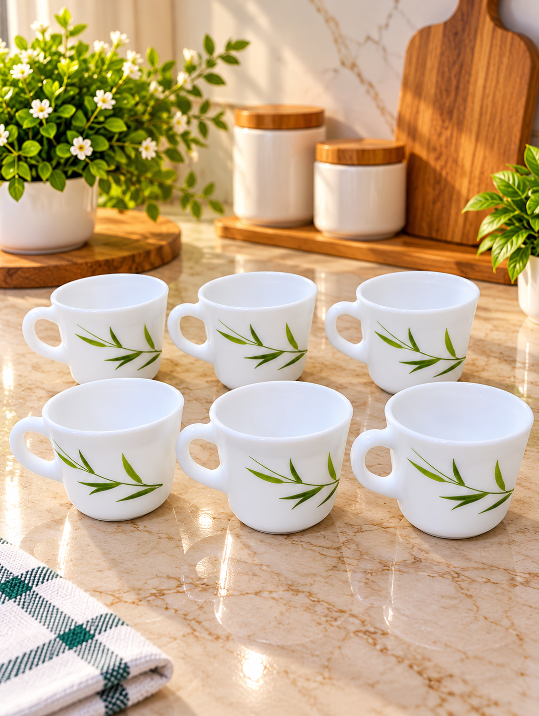 Cello Prince Bamboo Grove Cup Set of 6, 130 ML Each | Elegant Green Leaf Printed White Tea Cups for Tea, Coffee & Milk | Stylish Beverage Cups for Home, Kitchen, Office & Gifting