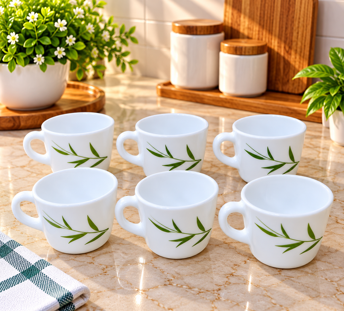 Cello Prince Bamboo Grove Cup Set of 6, 130 ML Each | Elegant Green Leaf Printed White Tea Cups for Tea, Coffee & Milk | Stylish Beverage Cups for Home, Kitchen, Office & Gifting