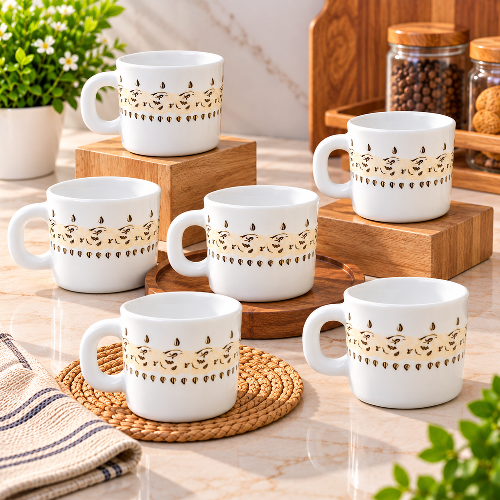 Larah Ora Gold Cup 100 ML, Pack of 6 | Elegant White Tea Cups with Gold Pattern Design | Small Coffee Cups for Tea, Coffee, Milk & Hot Beverages | Stylish Drinkware for Home & Office