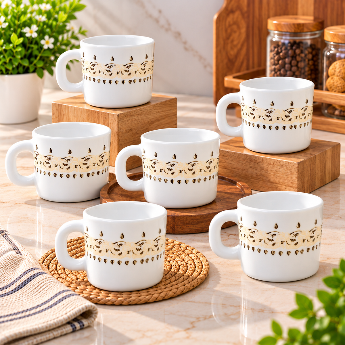 Larah Ora Gold Cup 100 ML, Pack of 6 | Elegant White Tea Cups with Gold Pattern Design | Small Coffee Cups for Tea, Coffee, Milk & Hot Beverages | Stylish Drinkware for Home & Office
