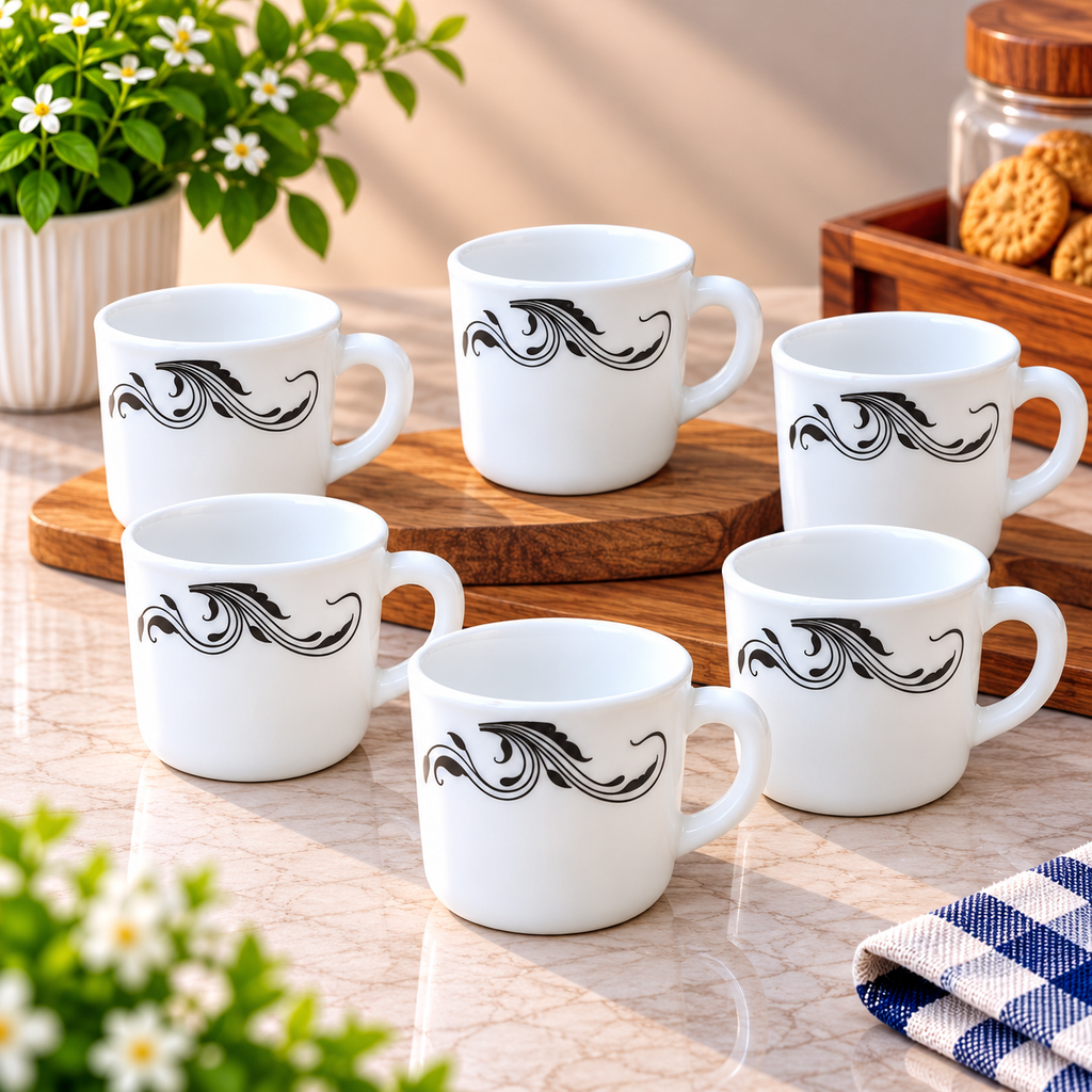 Cello Stella Twirla Cup Set of 6, 100 ML Each | White Printed Tea Cups with Elegant Black Swirl Design | Small Cups for Tea, Coffee, Milk and Beverage Serving