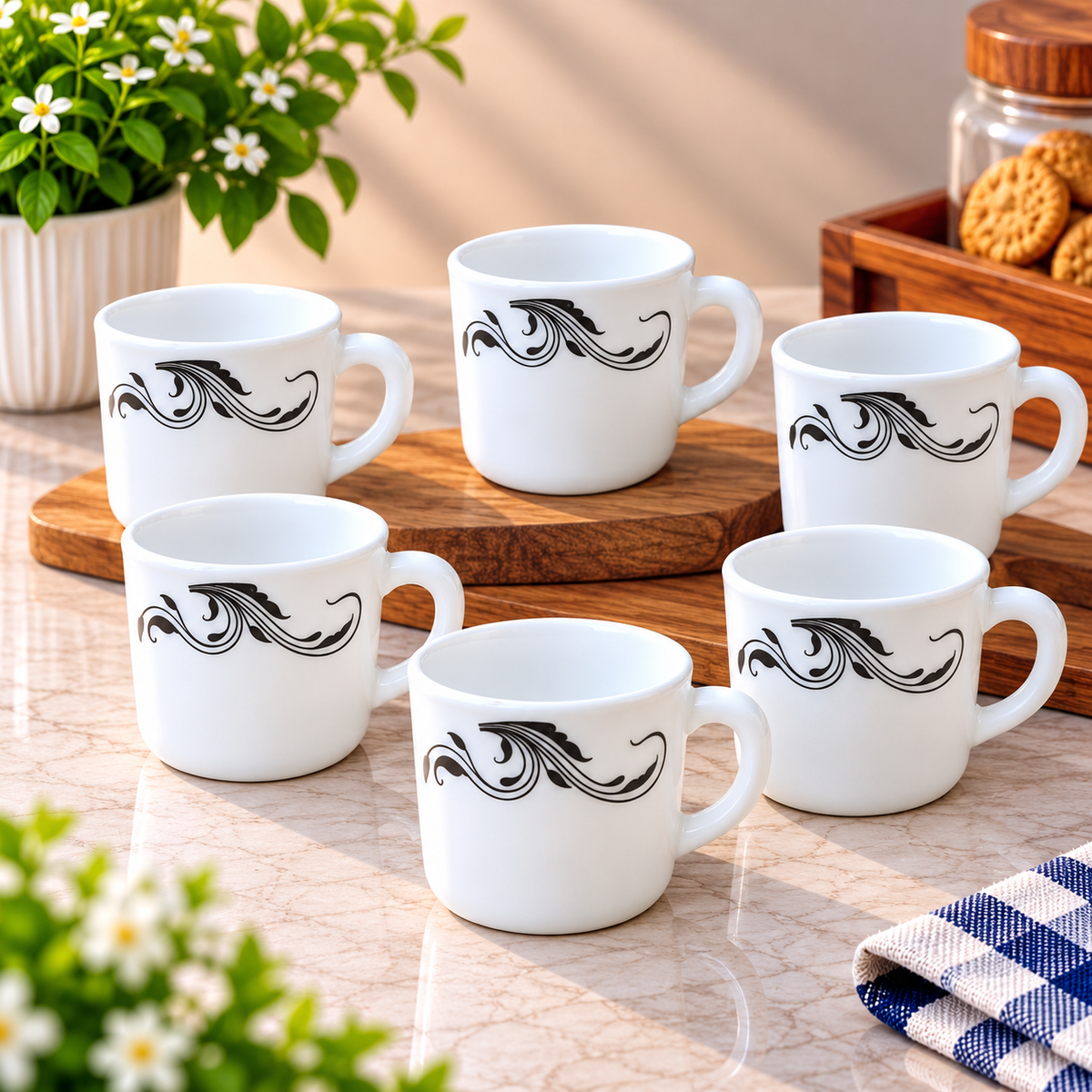 Cello Stella Twirla Cup Set of 6, 100 ML Each | White Printed Tea Cups with Elegant Black Swirl Design | Small Cups for Tea, Coffee, Milk and Beverage Serving