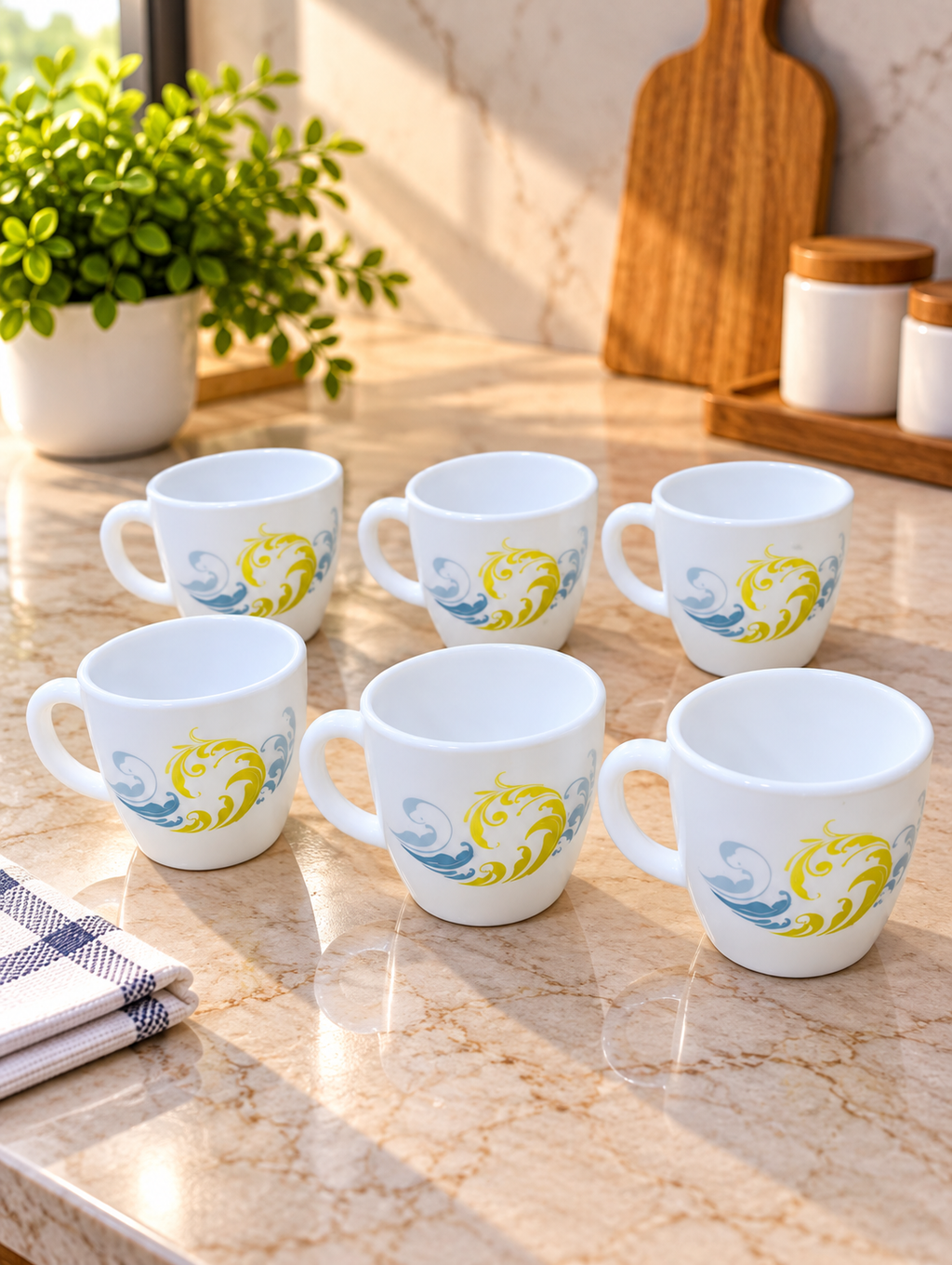 Cello Ricca Cool Waves Cups 100 ML, Pack of 6 | White Tea and Coffee Cups with Blue and Yellow Swirl Design | Small Beverage Cups for Home, Office, Kitchen and Daily Use