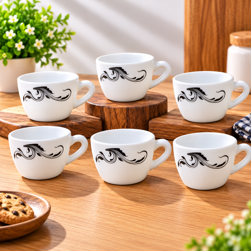 Cello Queen Cup Twirla 130 ML, Pack of 6 | Elegant White Tea Cups with Black Swirl Design for Tea, Coffee, Milk & Hot Beverages | Stylish Drinkware for Home & Office