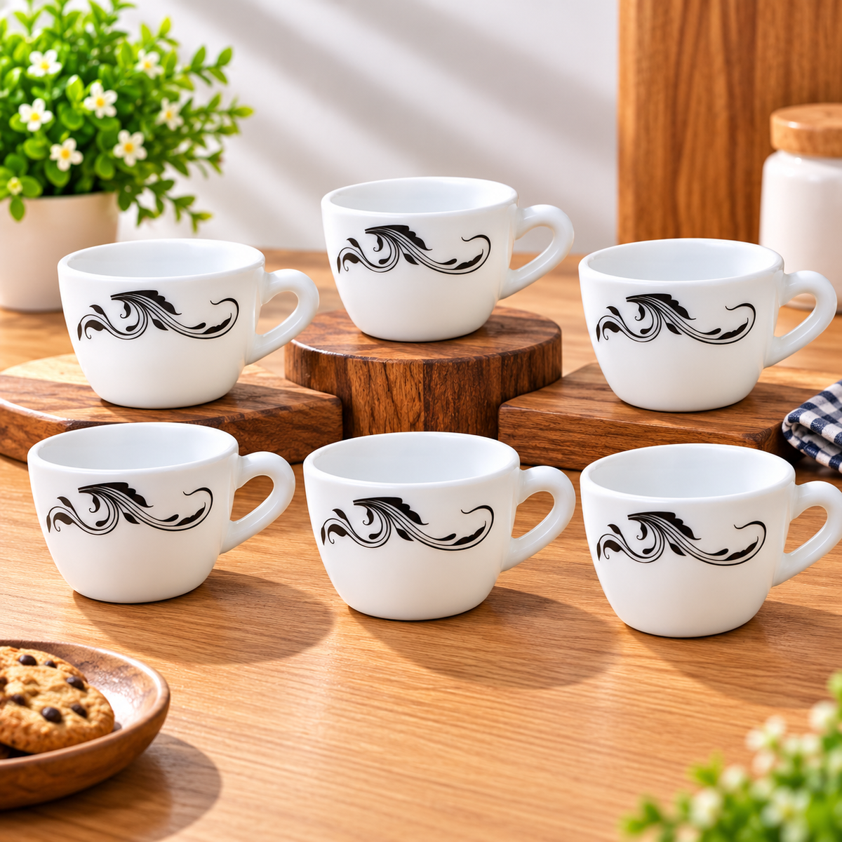 Cello Queen Cup Twirla 130 ML, Pack of 6 | Elegant White Tea Cups with Black Swirl Design for Tea, Coffee, Milk & Hot Beverages | Stylish Drinkware for Home & Office