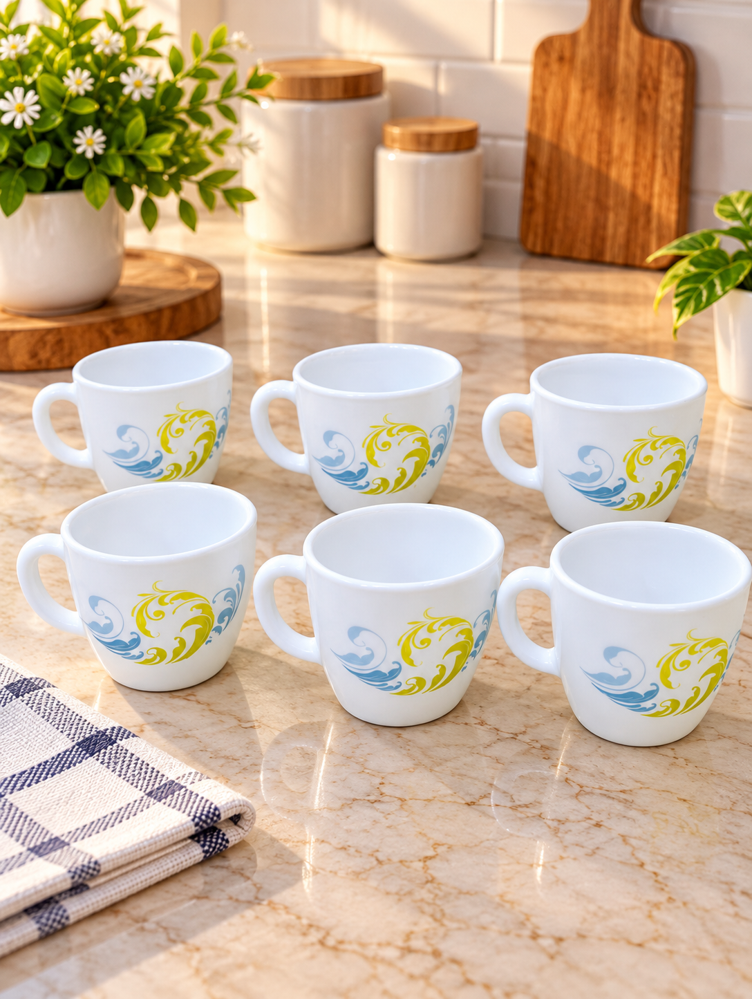 Cello Ricca Cool Waves Cups 100 ML, Pack of 6 | White Tea and Coffee Cups with Blue and Yellow Swirl Design | Small Beverage Cups for Home, Office, Kitchen and Daily Use