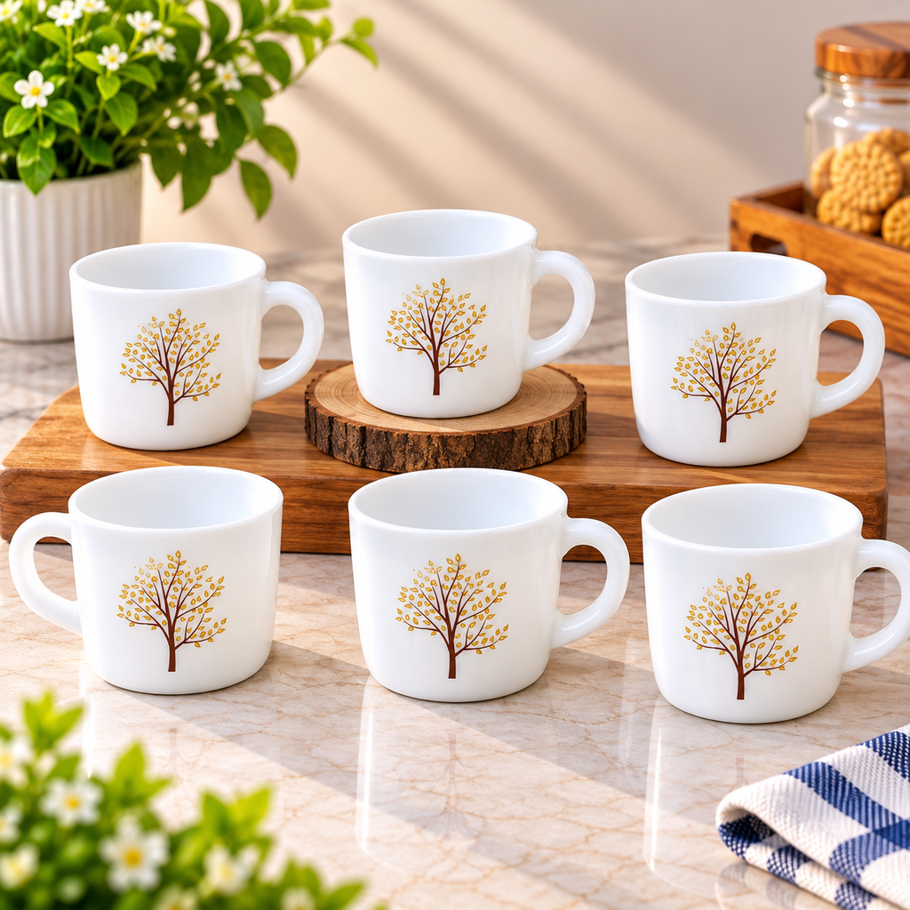 Cello Stella Tree of Life Cup Set of 6, 100 ML Each | White Printed Tea Cups with Elegant Golden Tree Design | Small Cups for Tea, Coffee, Milk and Beverage Serving